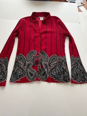 VTG Fred David Stretch Red Paisley Print Pleated Long Sleeve Blouse Women's XL